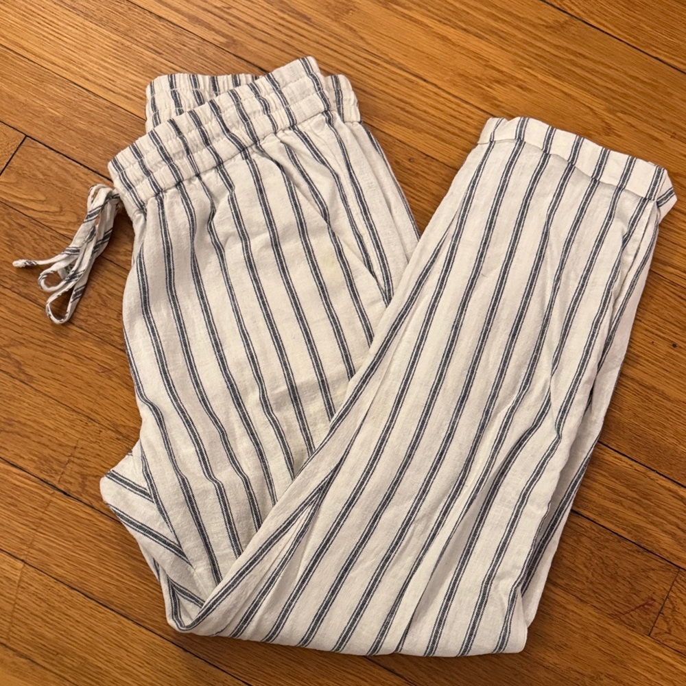 J. Crew Striped Linen Pants in white/Cream and Navy